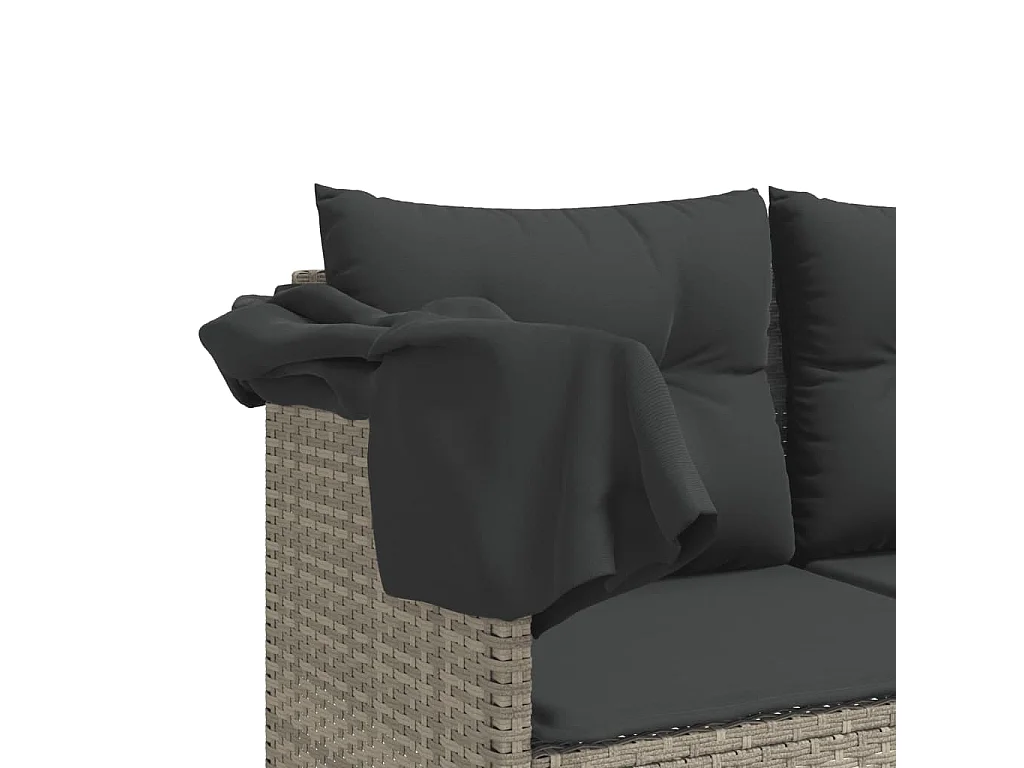 Chaise longue con tenda da sole e cuscini grigio chiaro in resina intrecciata