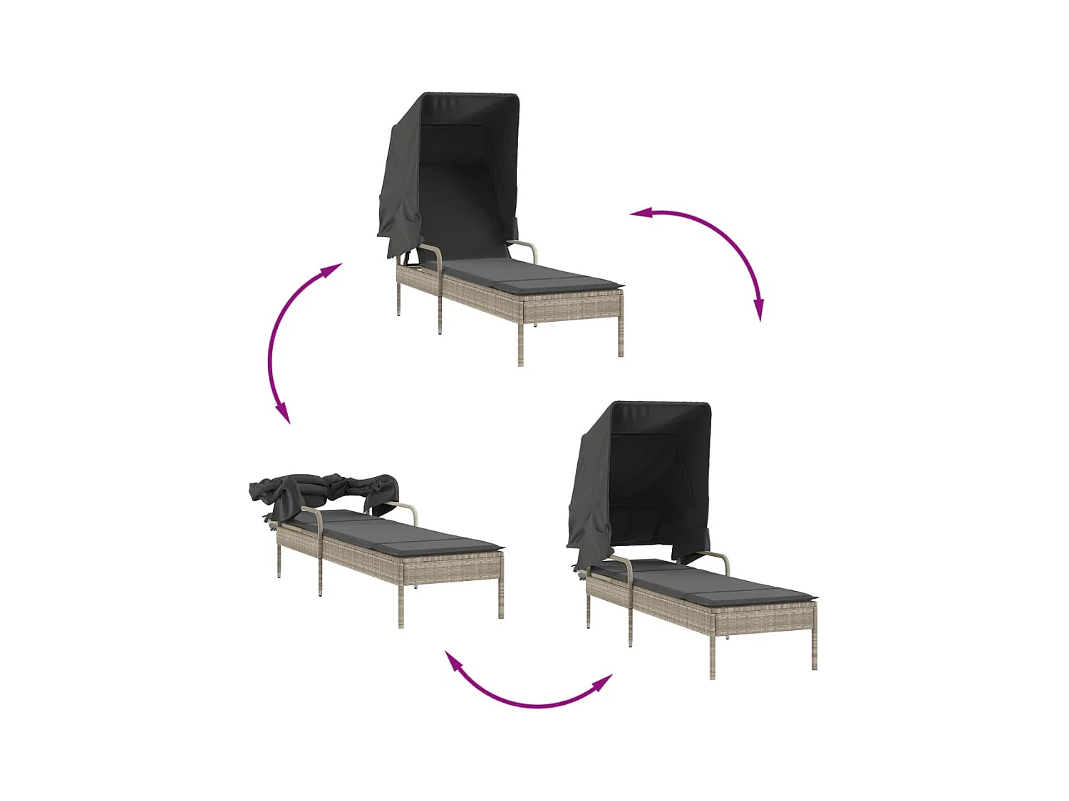 Set van 2 ligbedden met luifel en tafel in lichtgrijs rotan