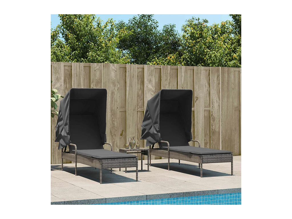 Set van 2 ligbedden met luifels en tafel, grijs polyrotan