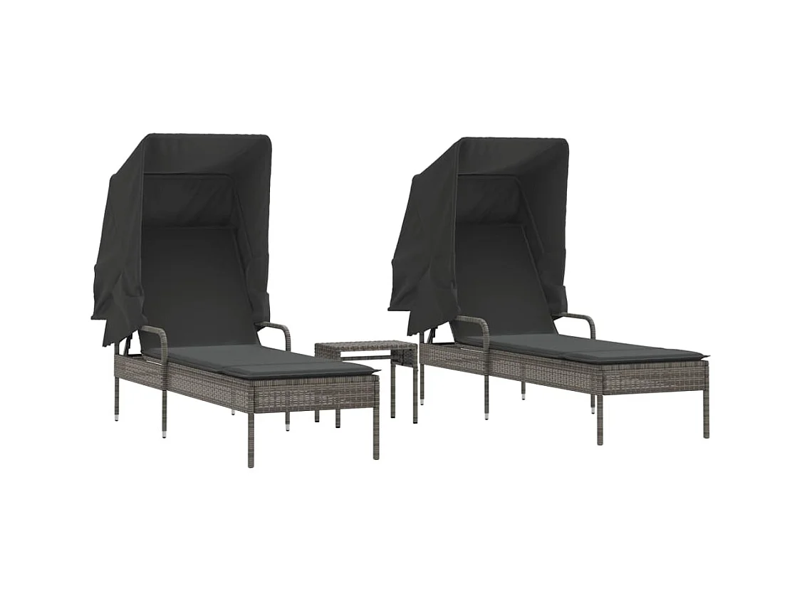 Set van 2 ligbedden met luifels en tafel, grijs polyrotan