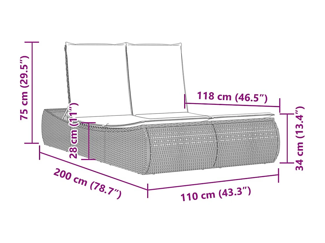Chaise longue doppia con cuscini in vimini di resina nera