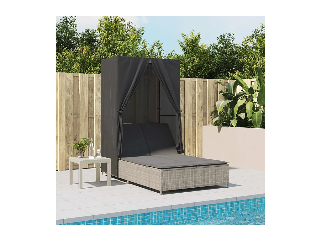 Chaise longue doppia con tetto e tende in polyrattan grigio chiaro