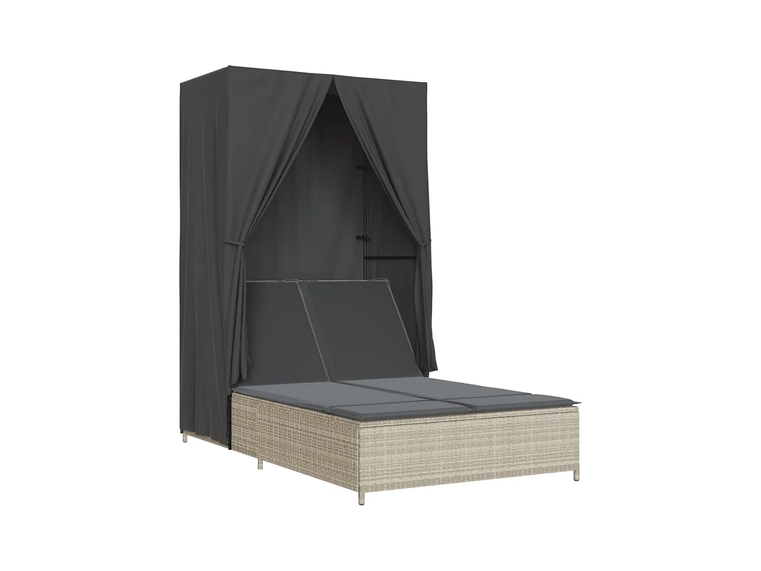 Chaise longue doppia con tetto e tende in polyrattan grigio chiaro