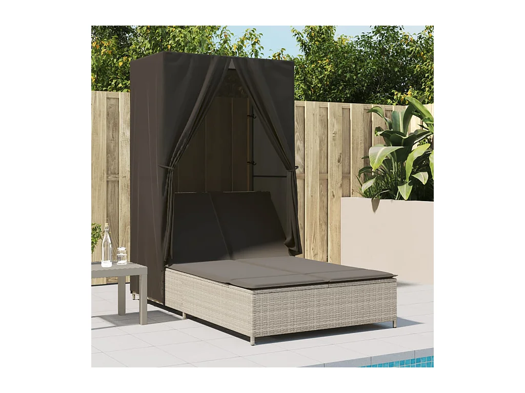 Chaise longue doppia con tetto e tende in polyrattan grigio chiaro