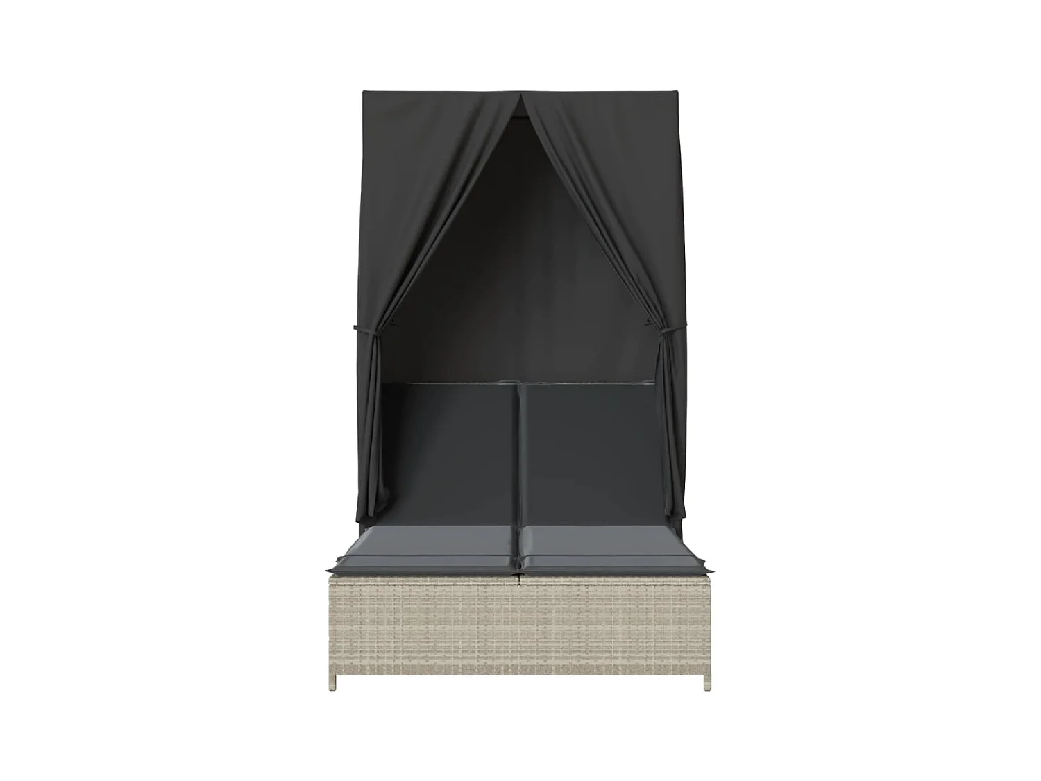 Chaise longue doppia con tetto e tende in polyrattan grigio chiaro