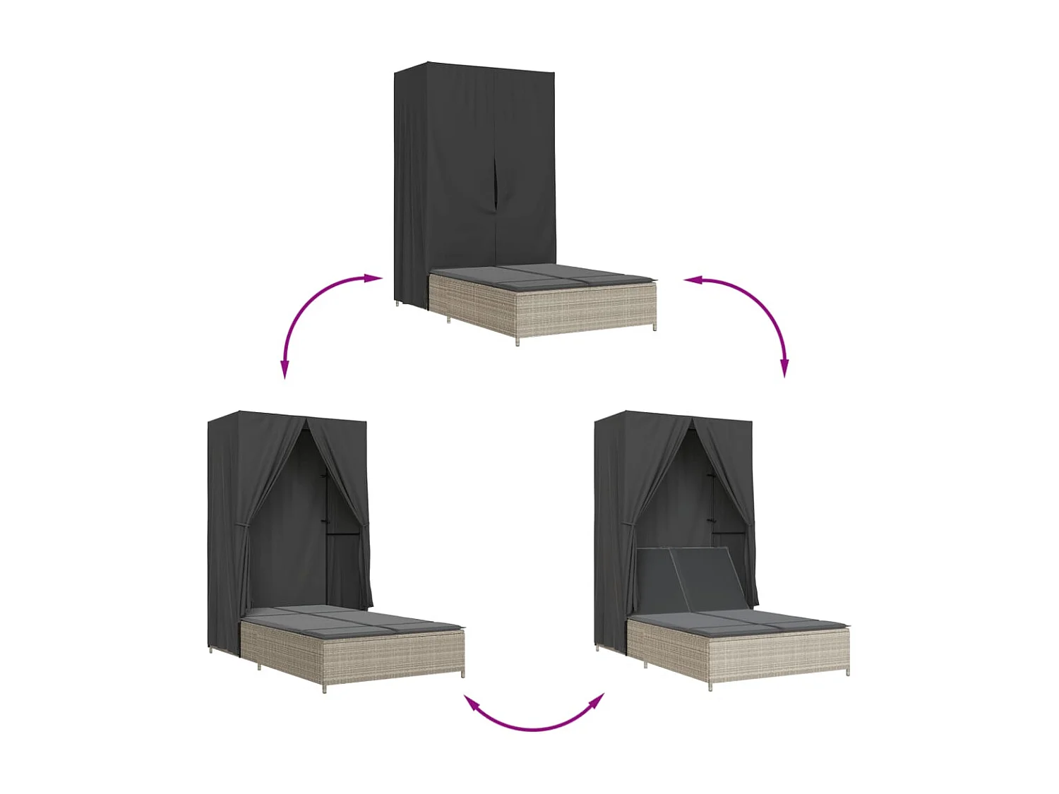 Chaise longue doppia con tetto e tende in polyrattan grigio chiaro