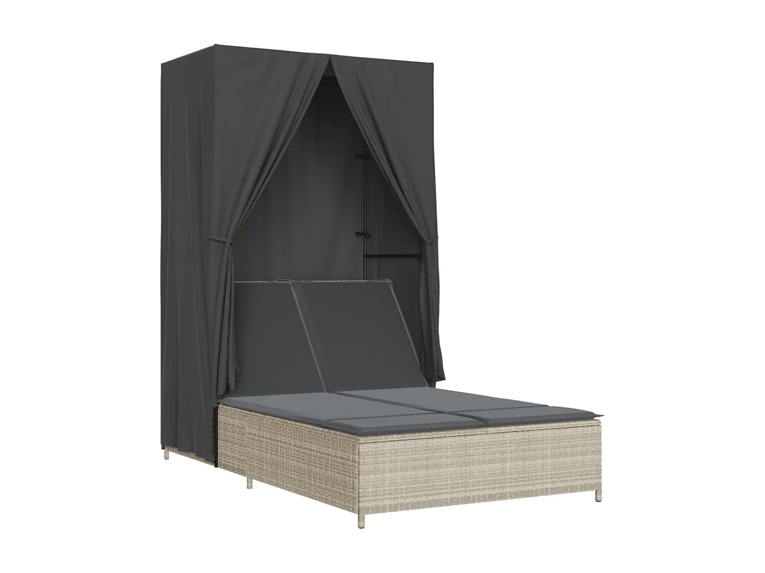 Chaise longue doppia con tetto e tende in polyrattan grigio chiaro