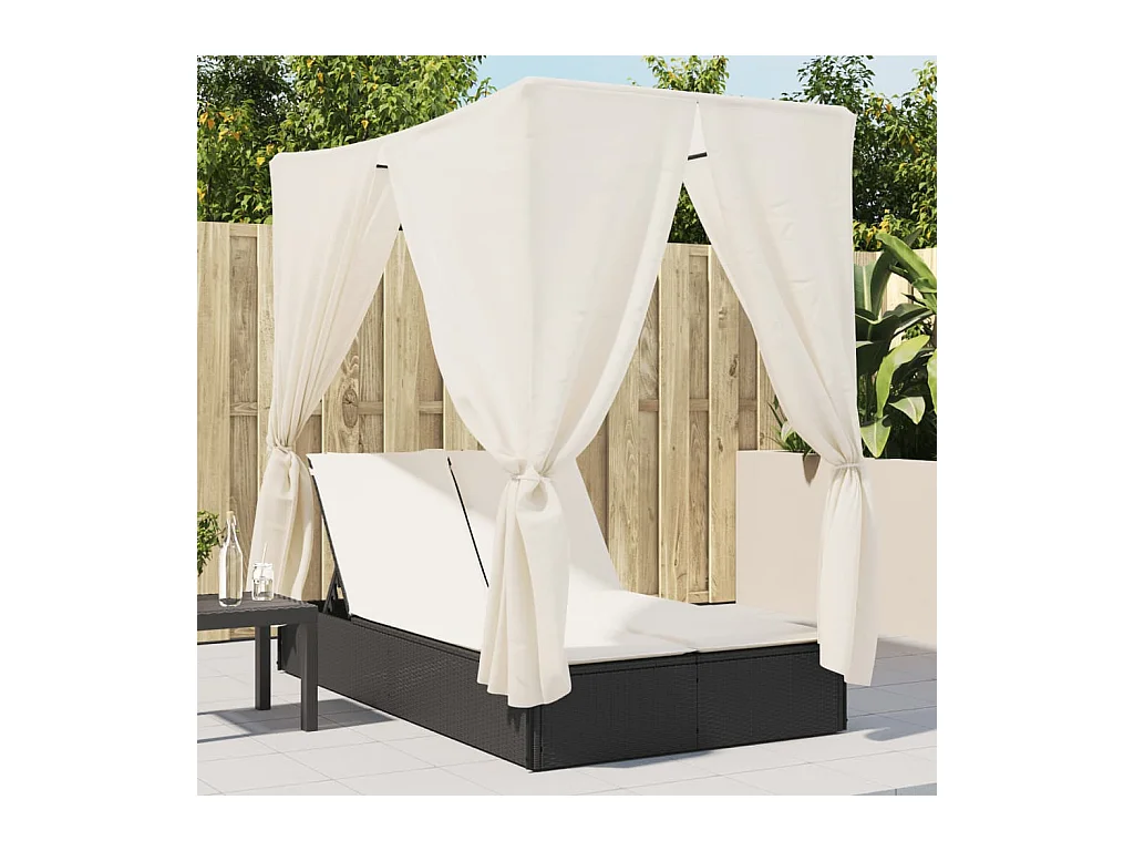 Doppelte Chaiselongue mit Dach und schwarzen Vorhängen aus gewebtem Harz