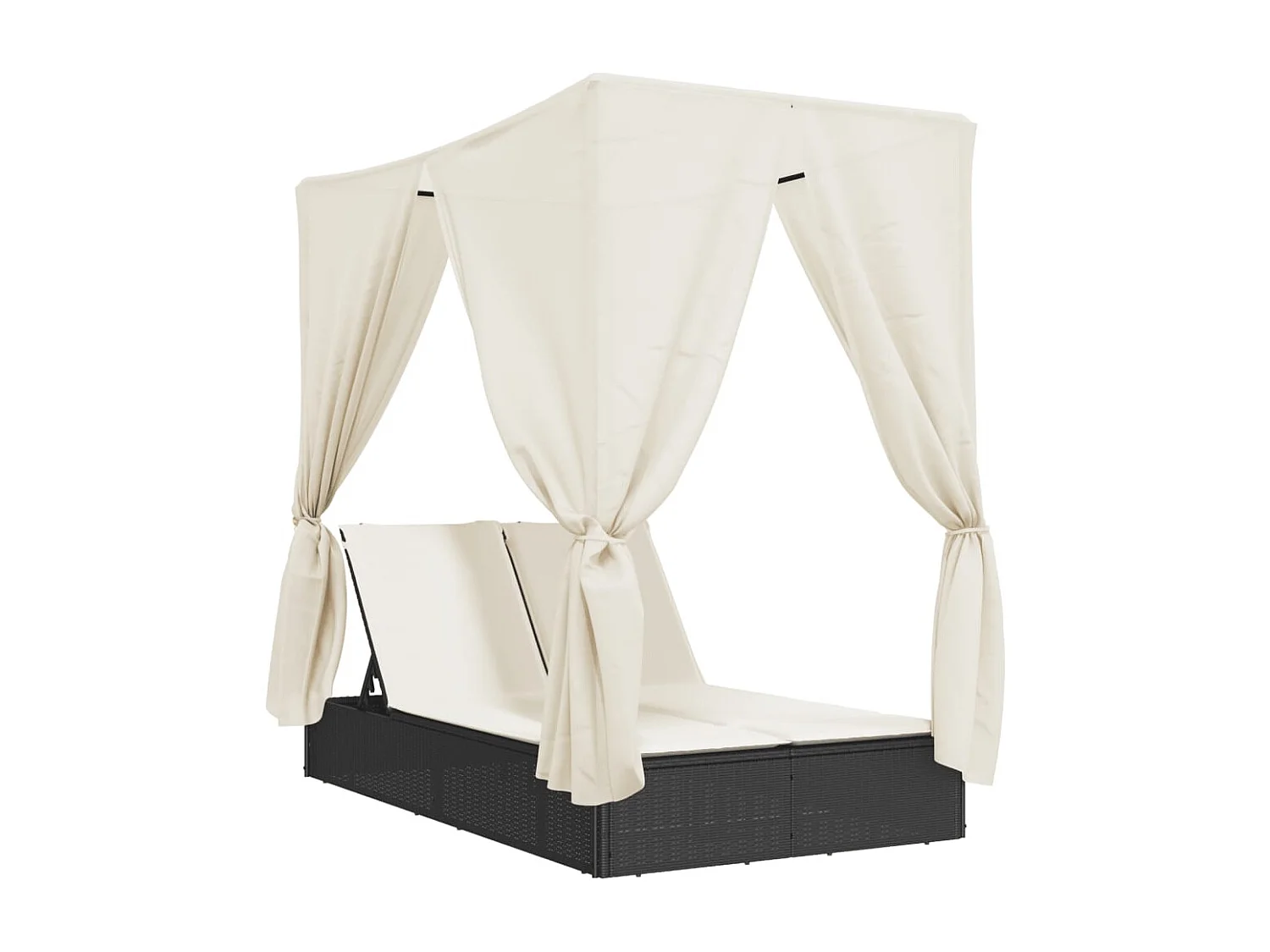 Chaise longue doppia con tetto e tende nere in resina intrecciata