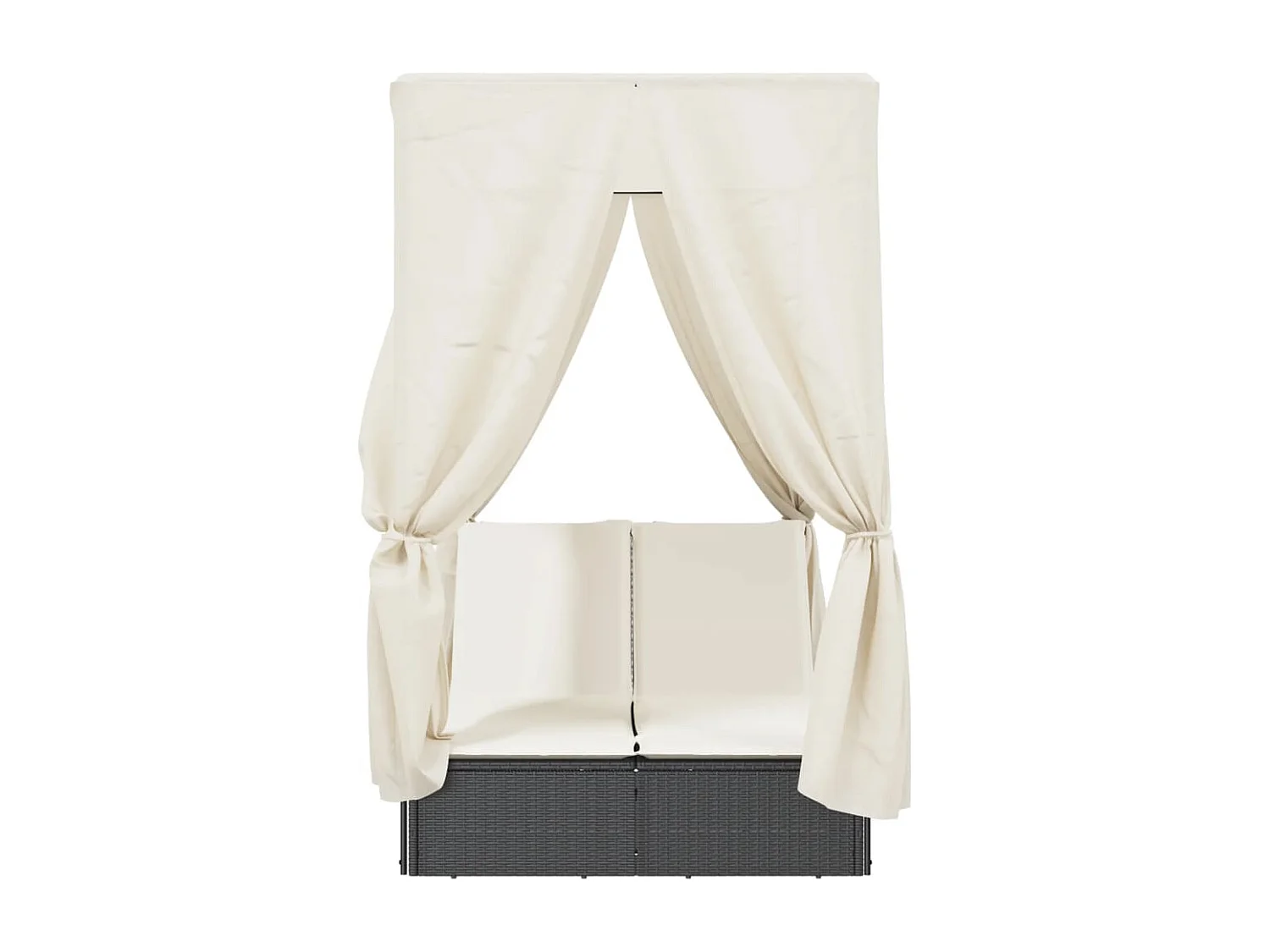 Chaise longue doppia con tetto e tende nere in resina intrecciata