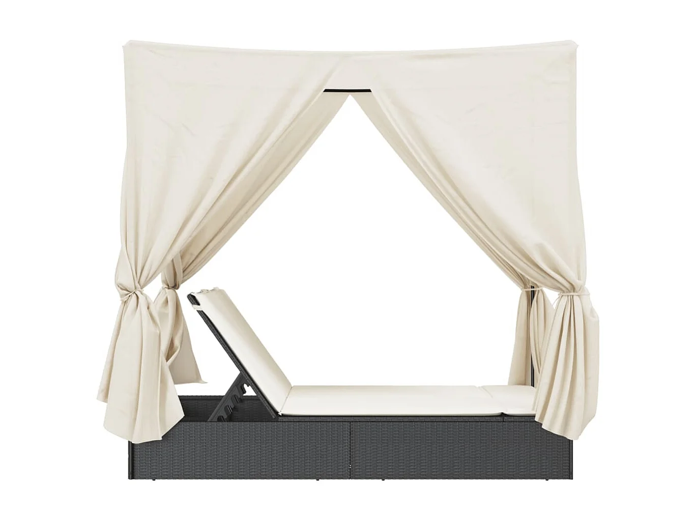 Chaise longue doppia con tetto e tende nere in resina intrecciata