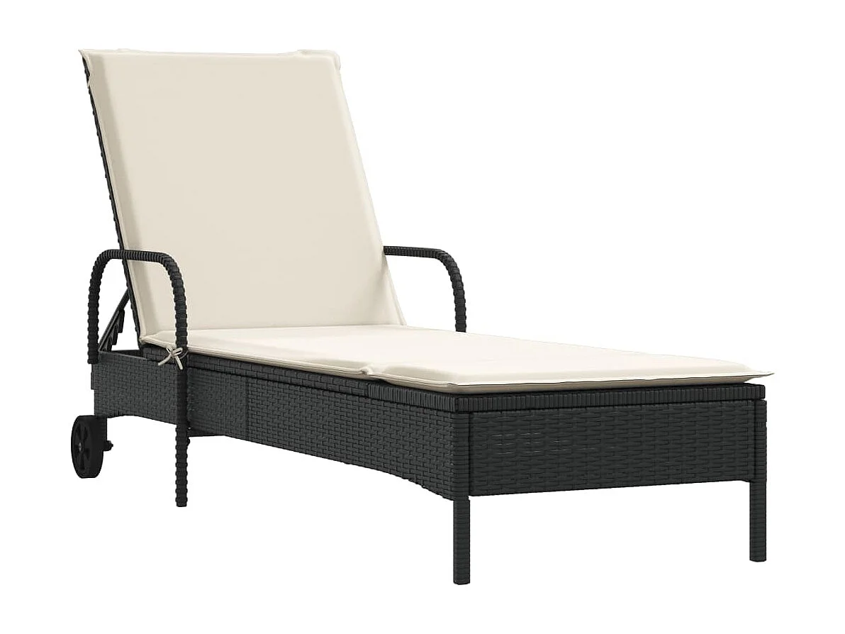 Chaise longue con ruote e cuscino in resina intrecciata nera