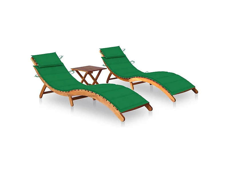2er-Set Liegestühle mit Tisch und Kissen Massive Akazie