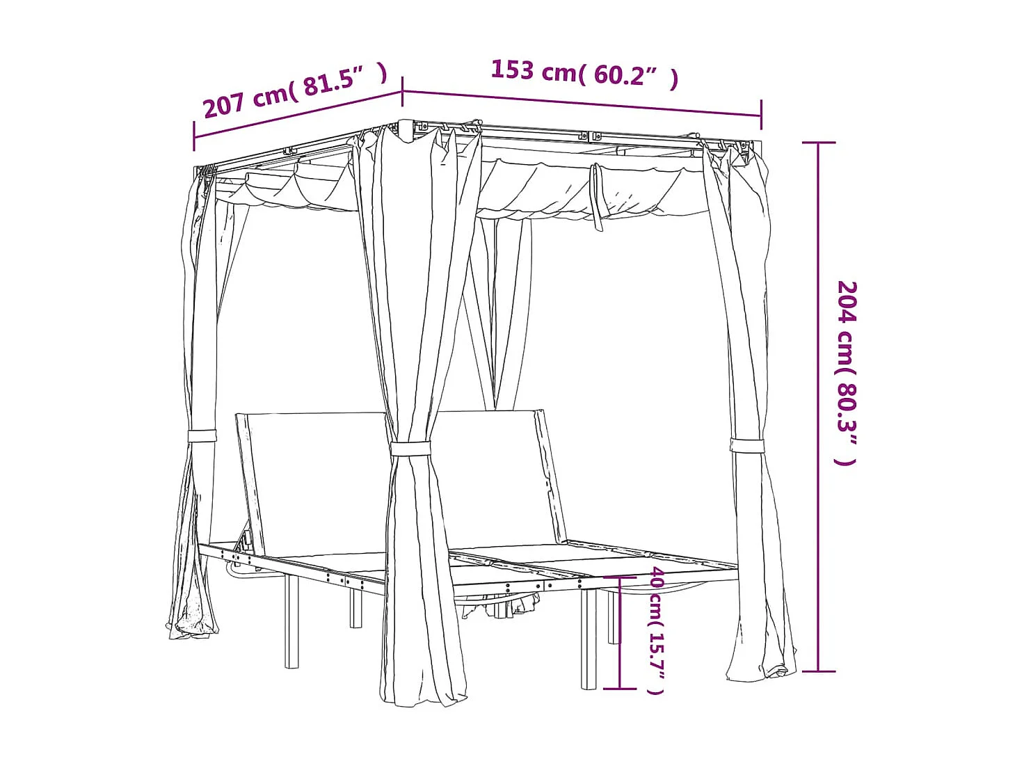 Dubbele chaise longue met zij- en bovengordijnen