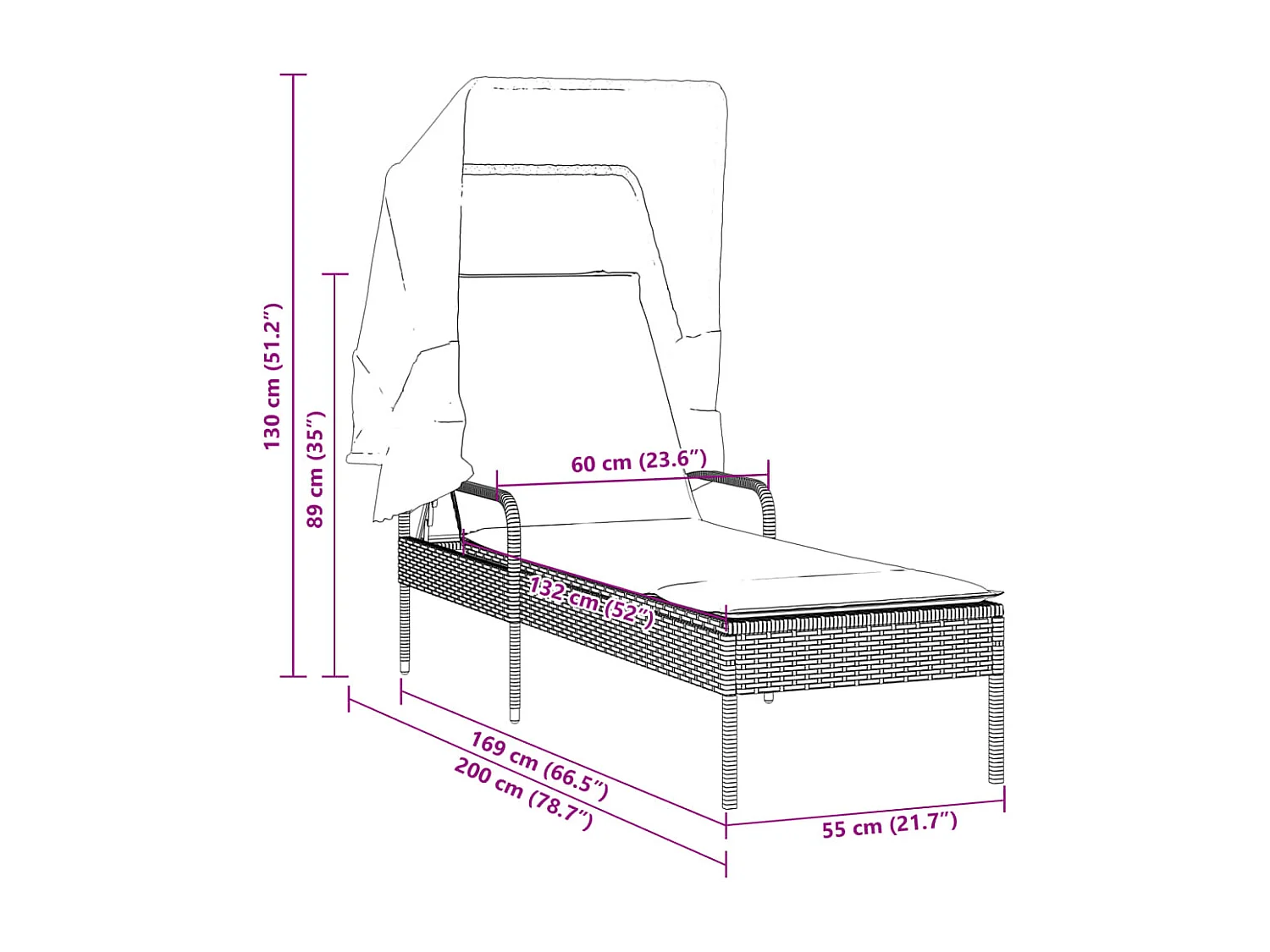 Bruine chaise longue van kunstharsriet met baldakijn