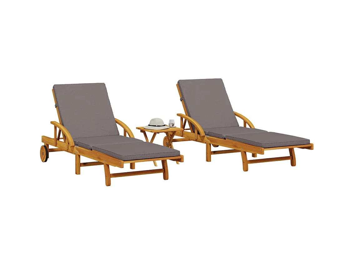 Conjunto de 2 tumbonas con mesa, madera maciza de acacia.