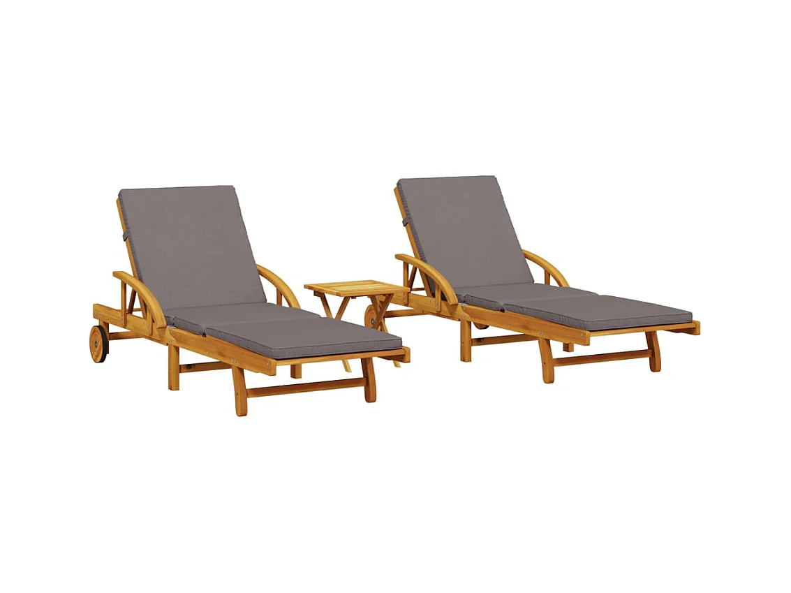 Conjunto de 2 tumbonas con mesa, madera maciza de acacia.