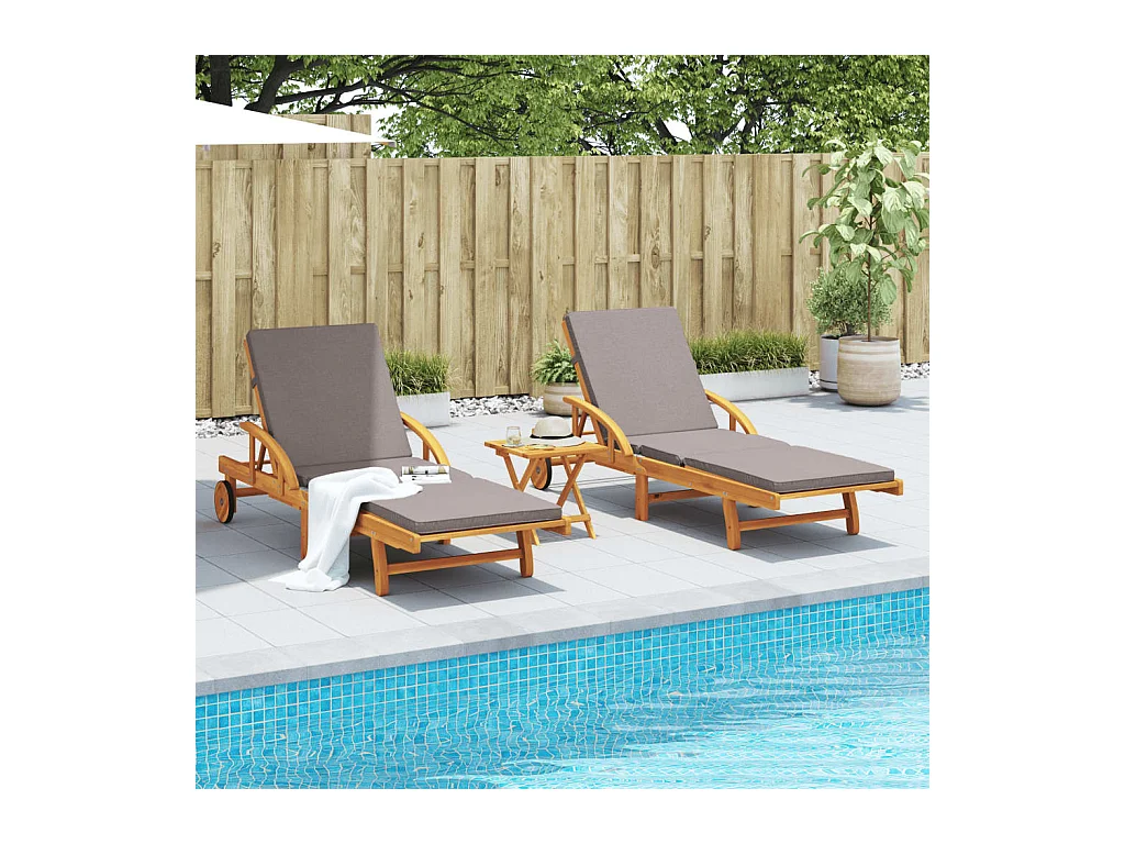 Conjunto de 2 tumbonas con mesa, madera maciza de acacia.