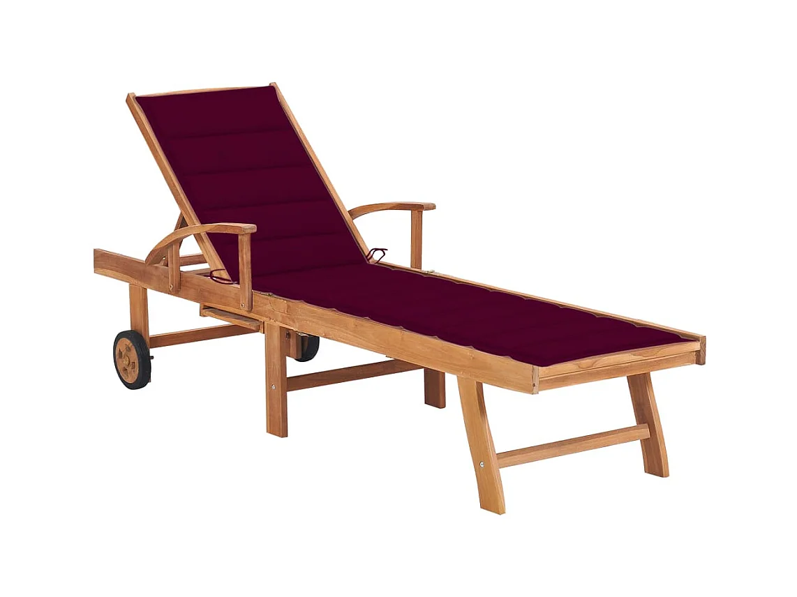Chaise longue avec coussin rouge bordeaux Bois de teck solide