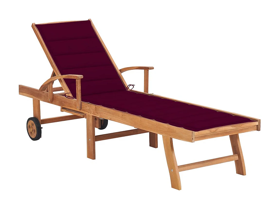 Chaise longue avec coussin rouge bordeaux Bois de teck solide
