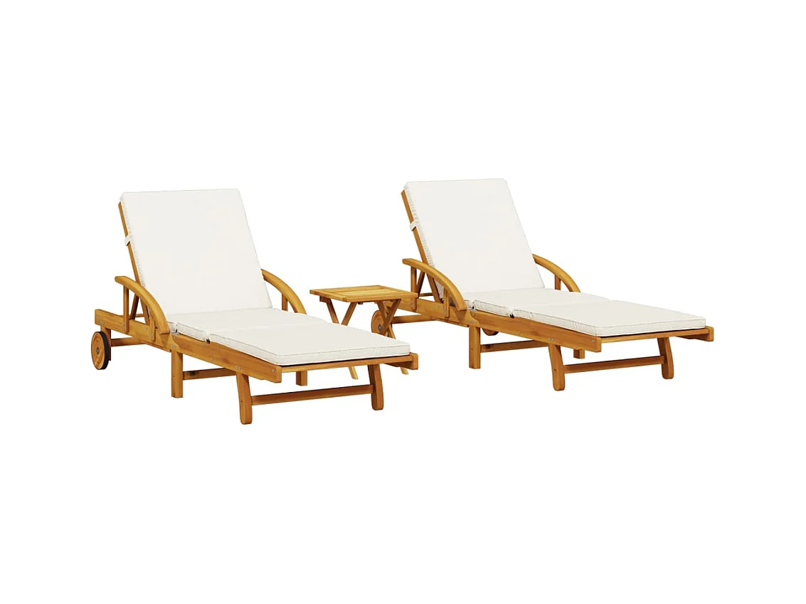 Conjunto de 2 tumbonas con mesa, madera maciza de acacia.