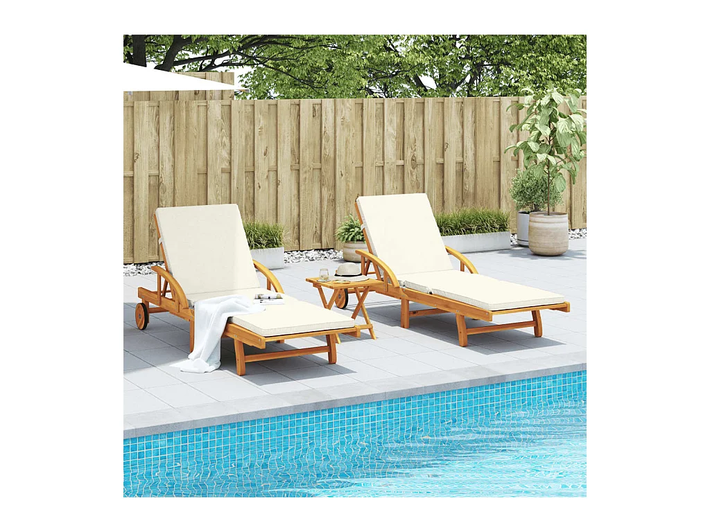 Conjunto de 2 tumbonas con mesa, madera maciza de acacia.