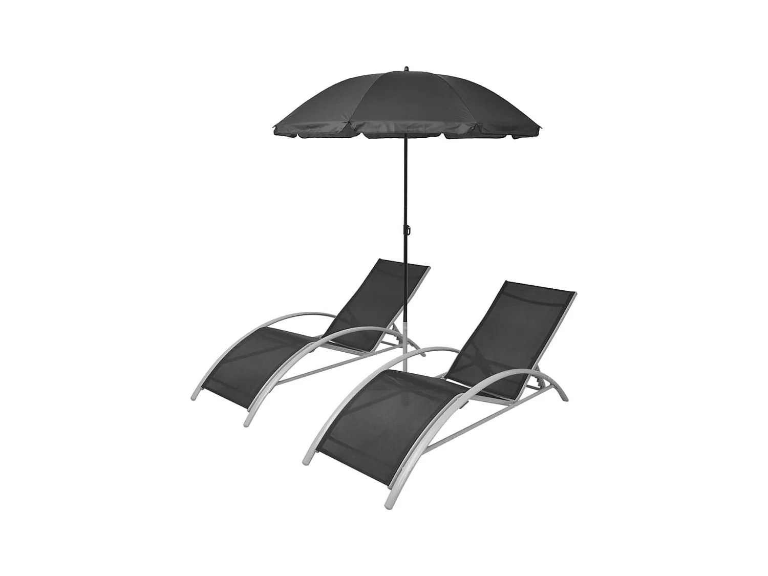 Zwarte aluminium ligstoelen en parasol
