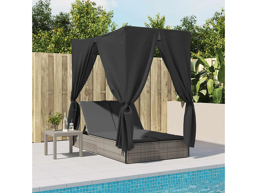 Chaise longue doppia con tetto e tende in resina intrecciata grigia