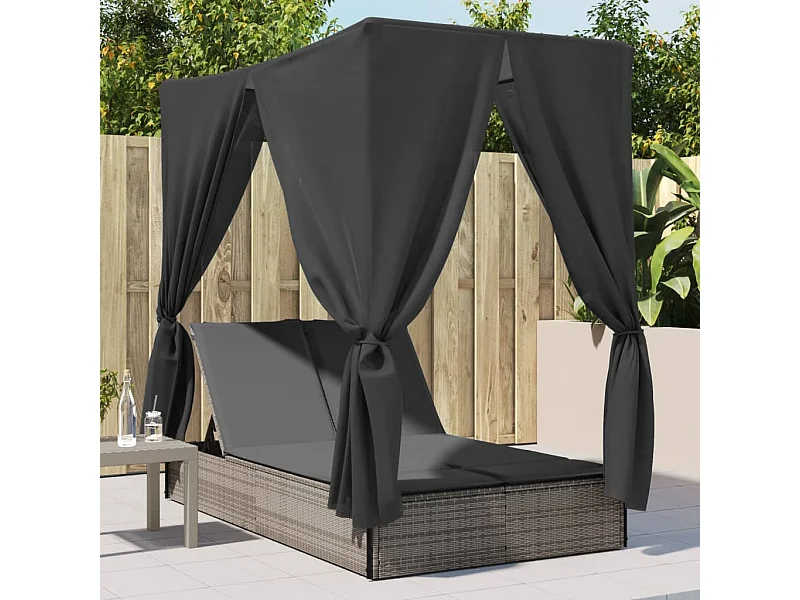 Chaise longue doppia con tetto e tende in resina intrecciata grigia
