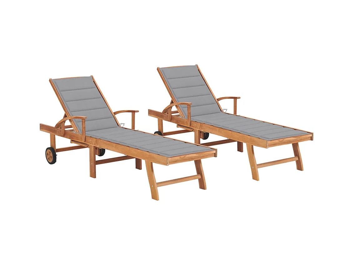 Set van 2 loungestoelen met grijze kussens, massief teakhout