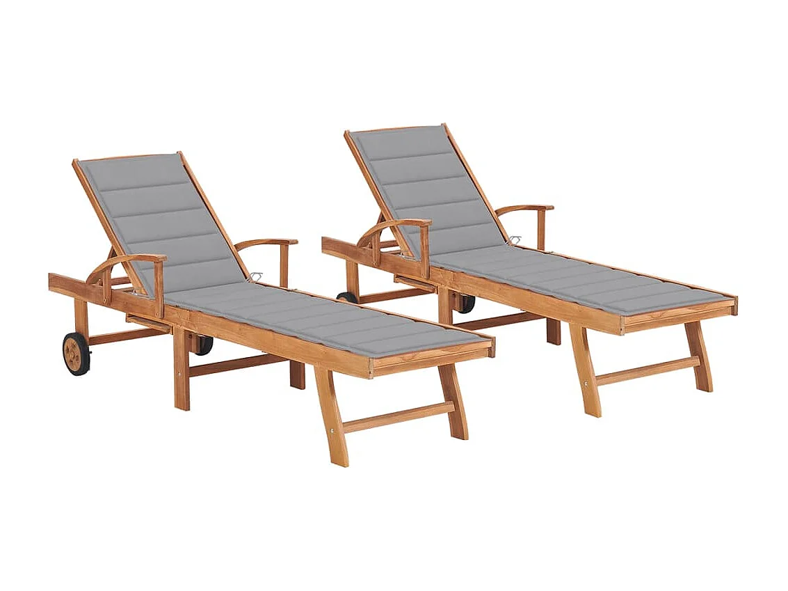 Set van 2 loungestoelen met grijze kussens, massief teakhout