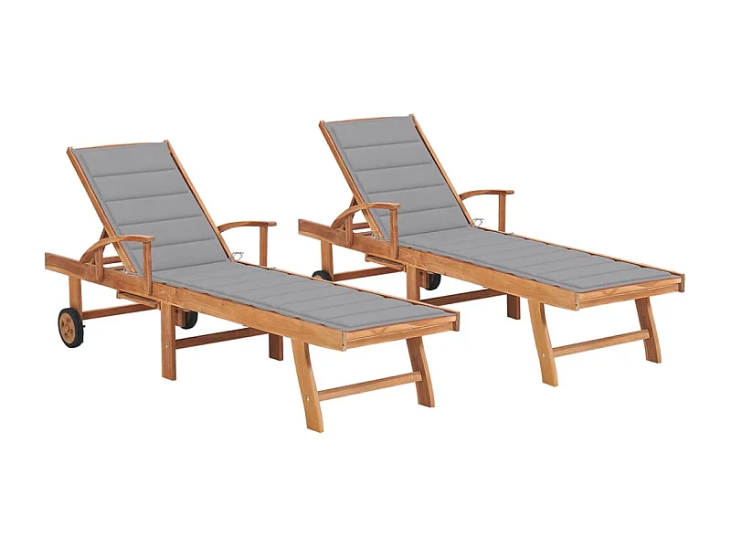 Chaises longues lot de 2 avec coussin gris Bois de teck solide