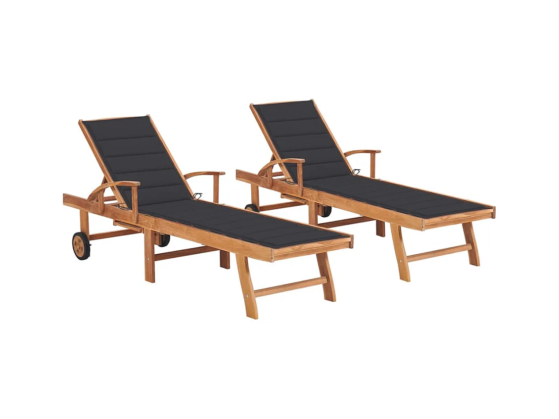 Chaises longues lot de 2 avec coussin anthracite Teck solide