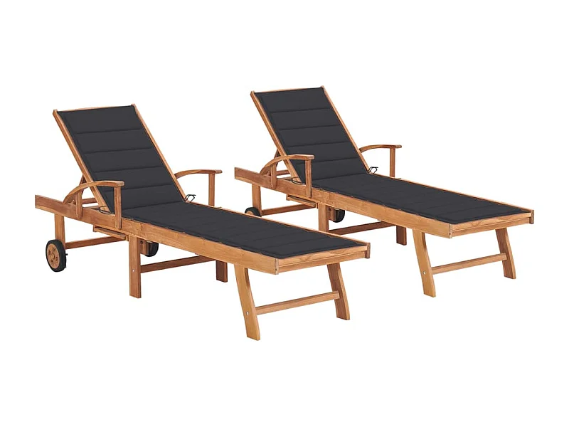 Set van 2 ligstoelen met antraciet kussens Massief teak
