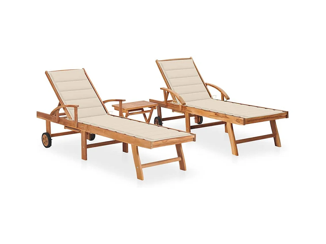 Chaises longues lot de 2 avec table et coussin Bois teck solide