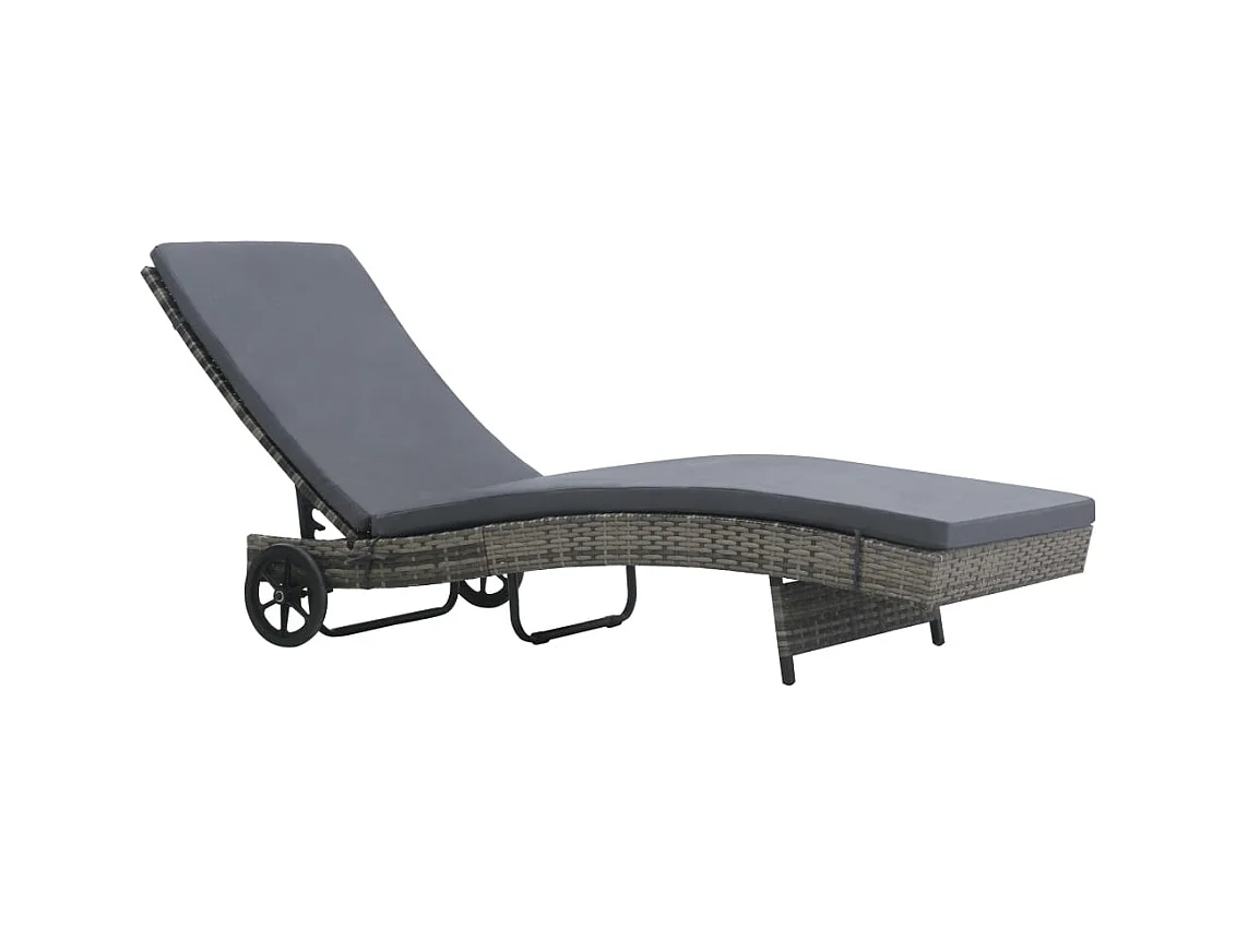 Chaise longue met wielen en kussen Antraciet gevlochten hars