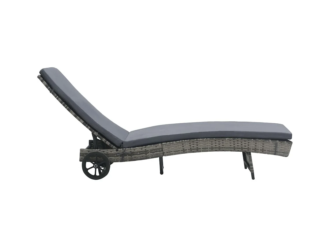 Chaise longue met wielen en kussen Antraciet gevlochten hars