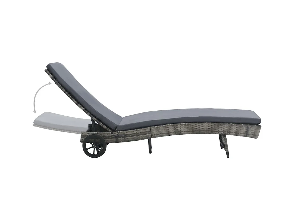 Chaise longue met wielen en kussen Antraciet gevlochten hars