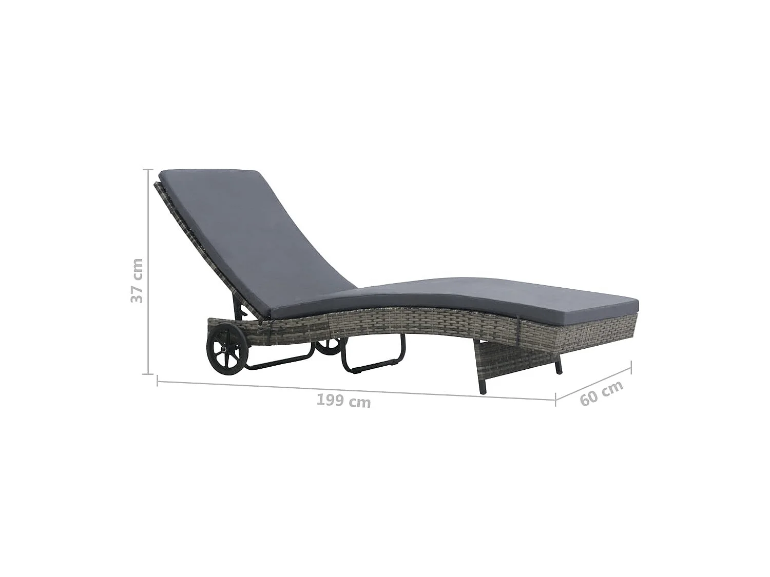 Chaise longue met wielen en kussen Antraciet gevlochten hars