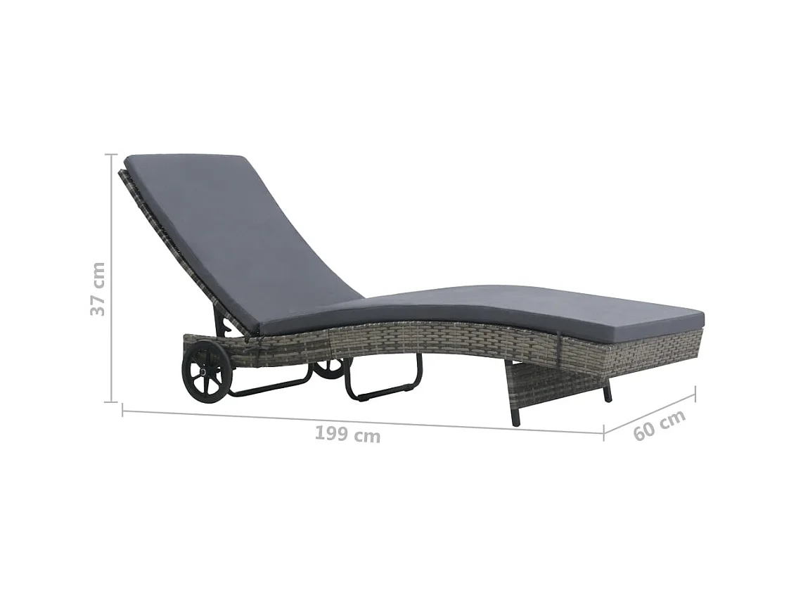 Chaise longue met wielen en kussen Antraciet gevlochten hars