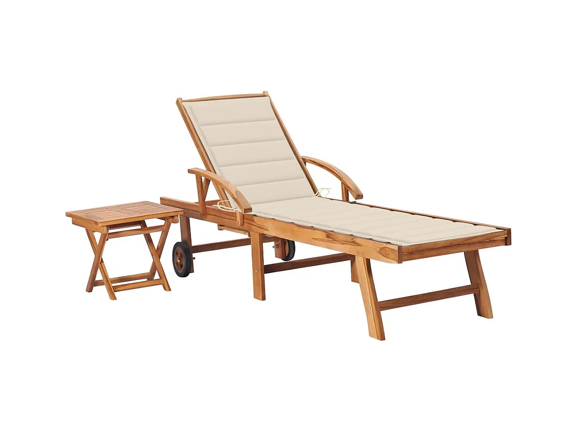 Chaise longue avec table et coussin Bois de teck solide