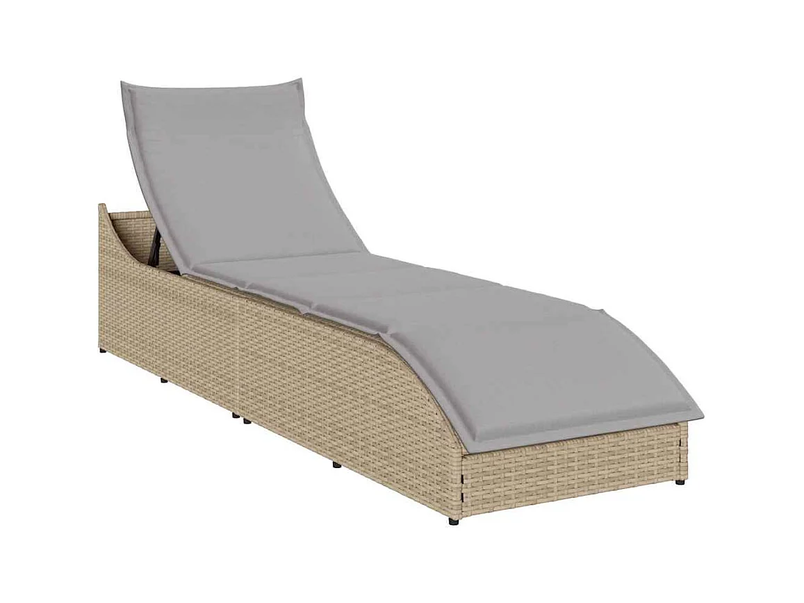 Chaise longue pliante coussin et rangement beige résine tressée