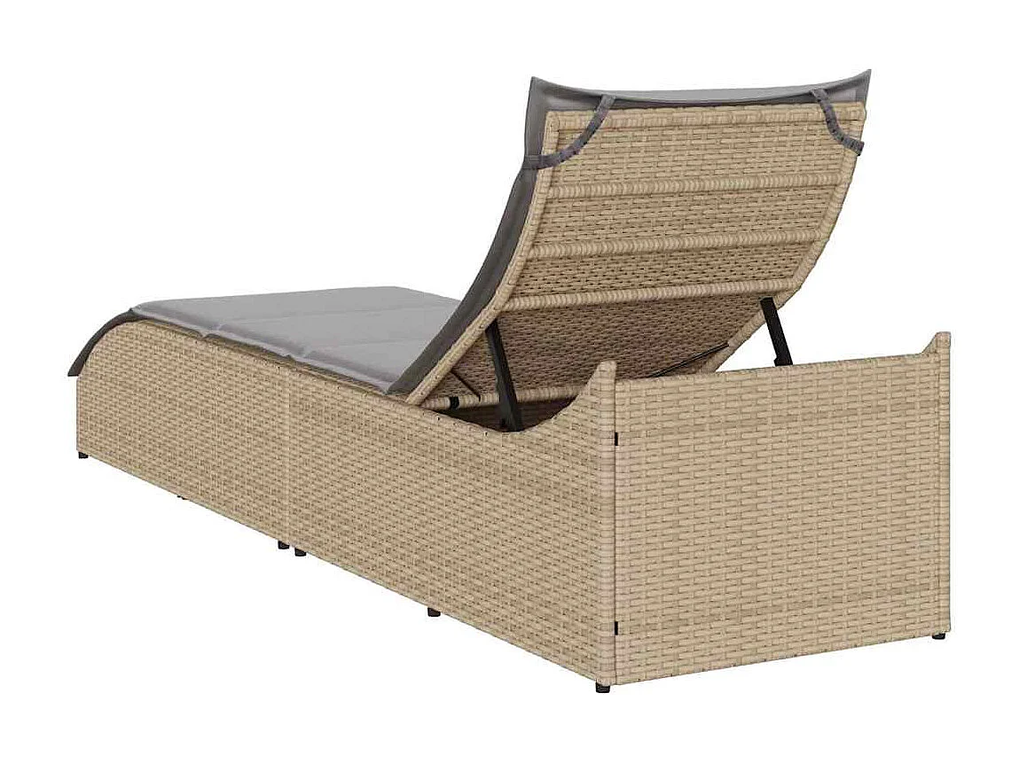 Chaise longue pliante coussin et rangement beige résine tressée