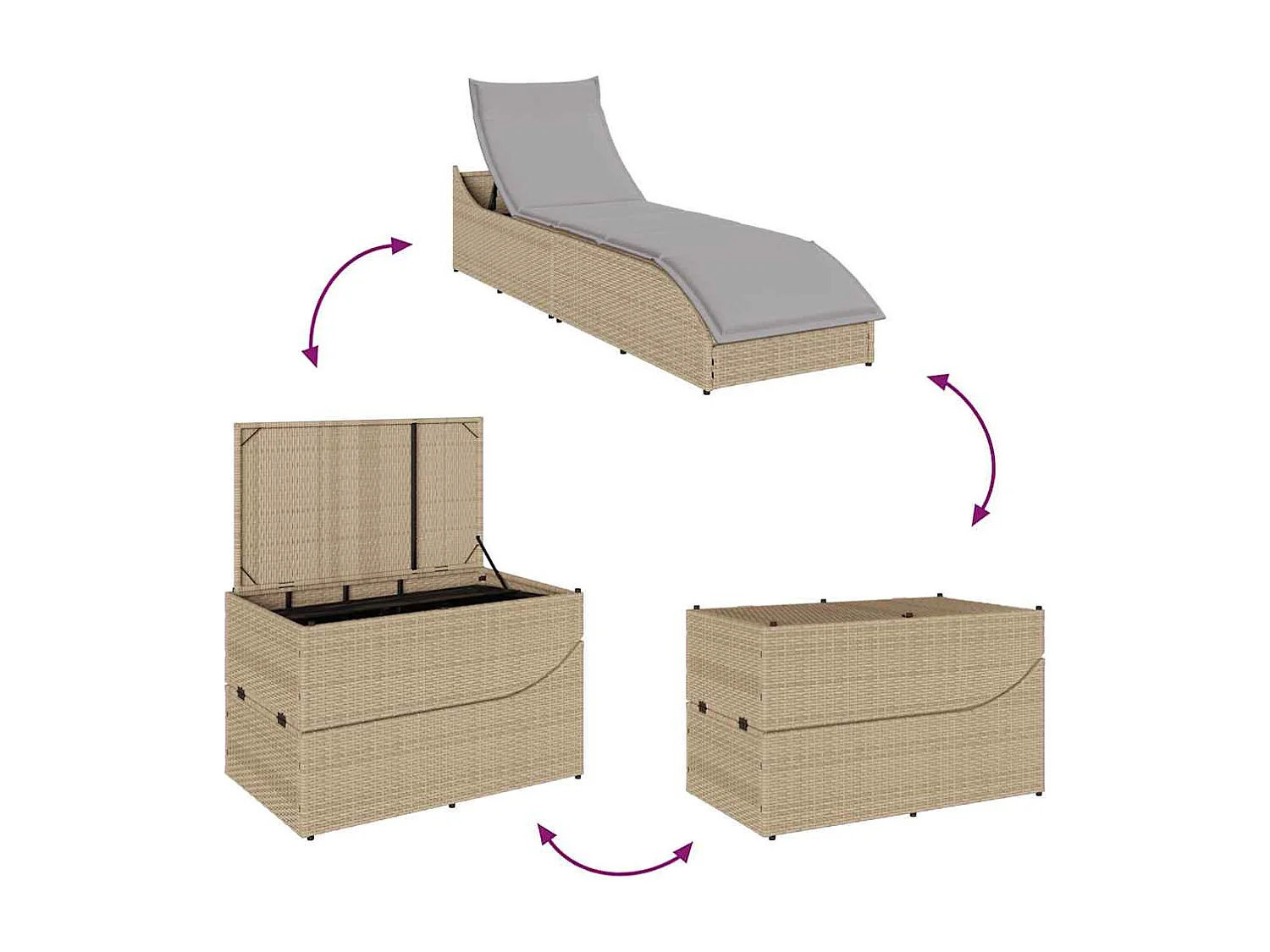 Chaise longue pliante coussin et rangement beige résine tressée