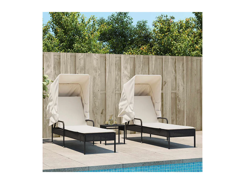 Set van 2 ligbedden met luifel en tafel in zwart polyrotan