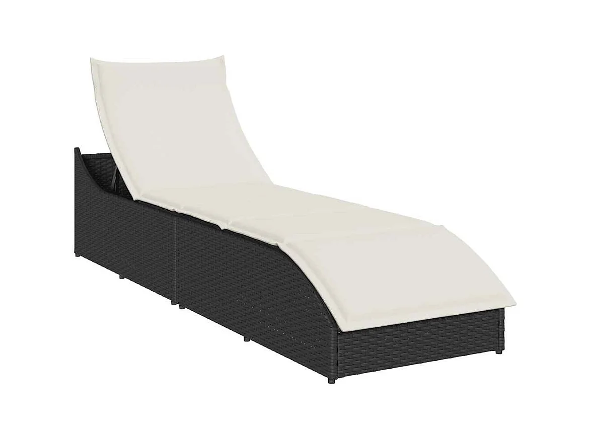 Chaise longue pliante coussin et rangement noir résine tressée