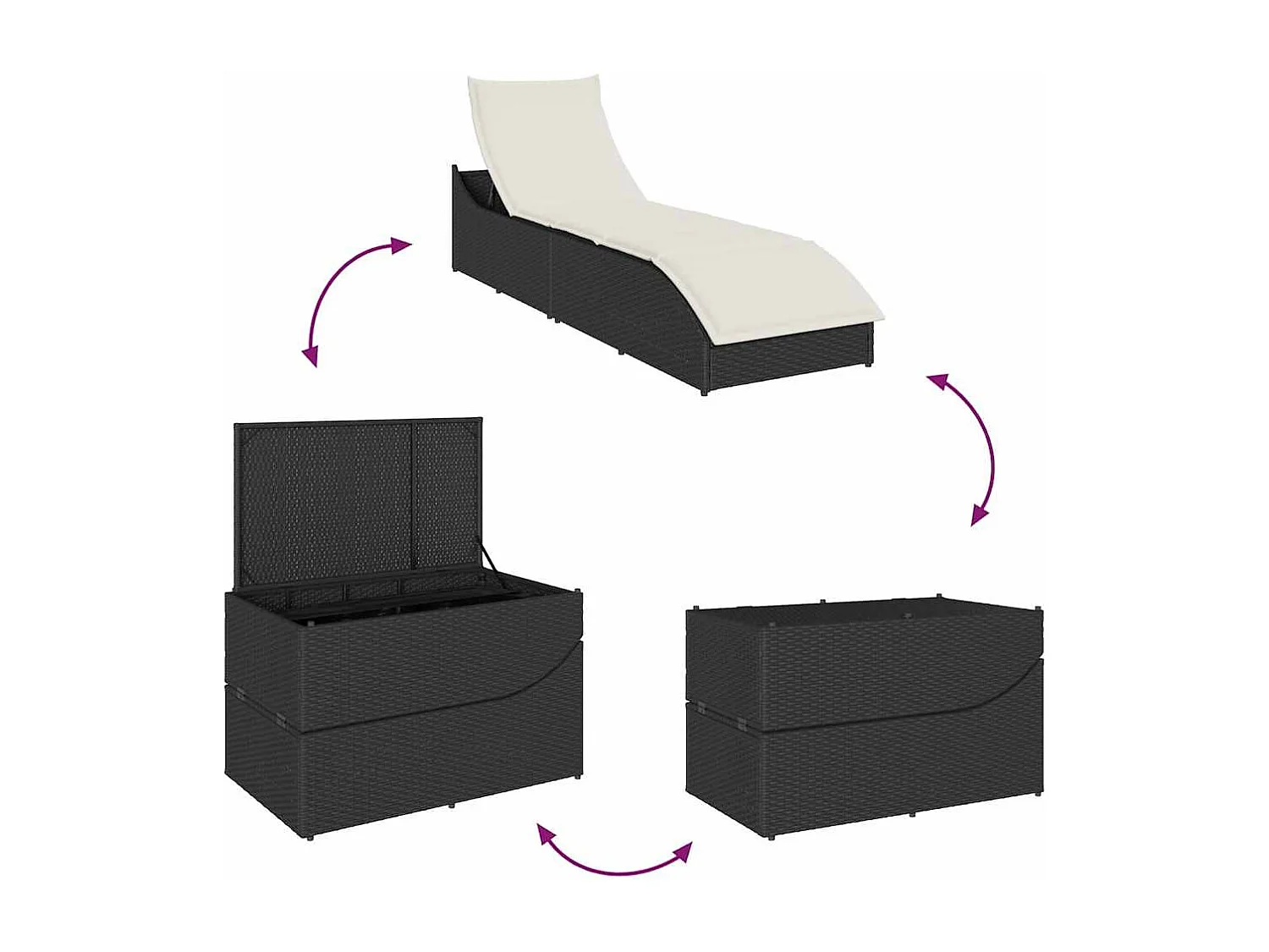Chaise longue pliante coussin et rangement noir résine tressée