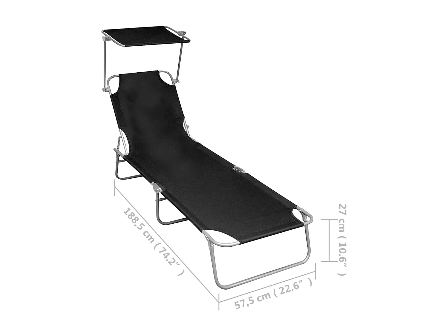 Chaise longue pliable avec auvent Noir Aluminium