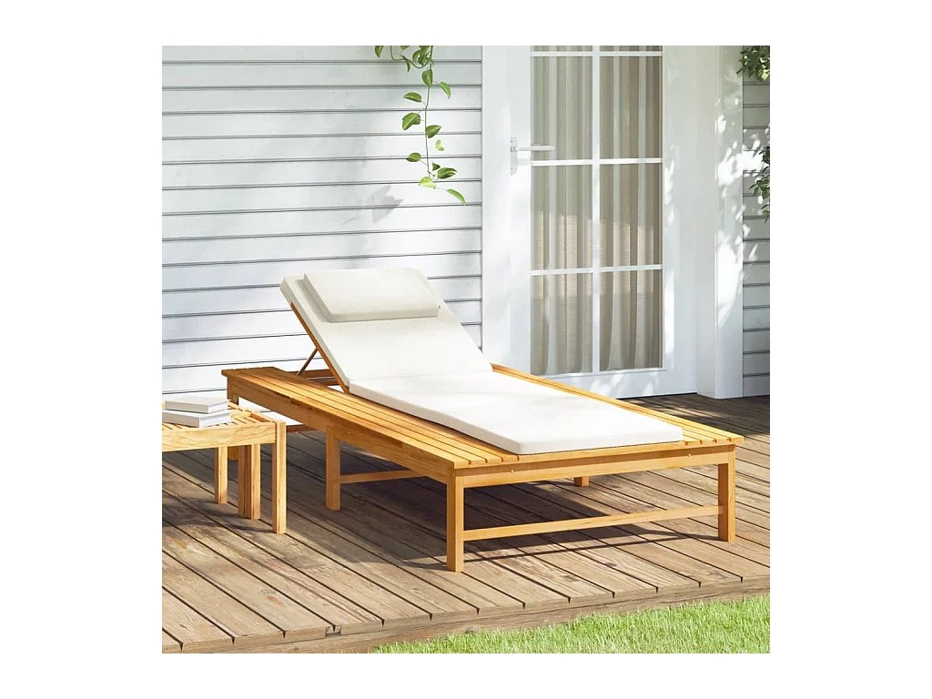 Chaise longue kussen/kussen crèmewit massief acaciahout