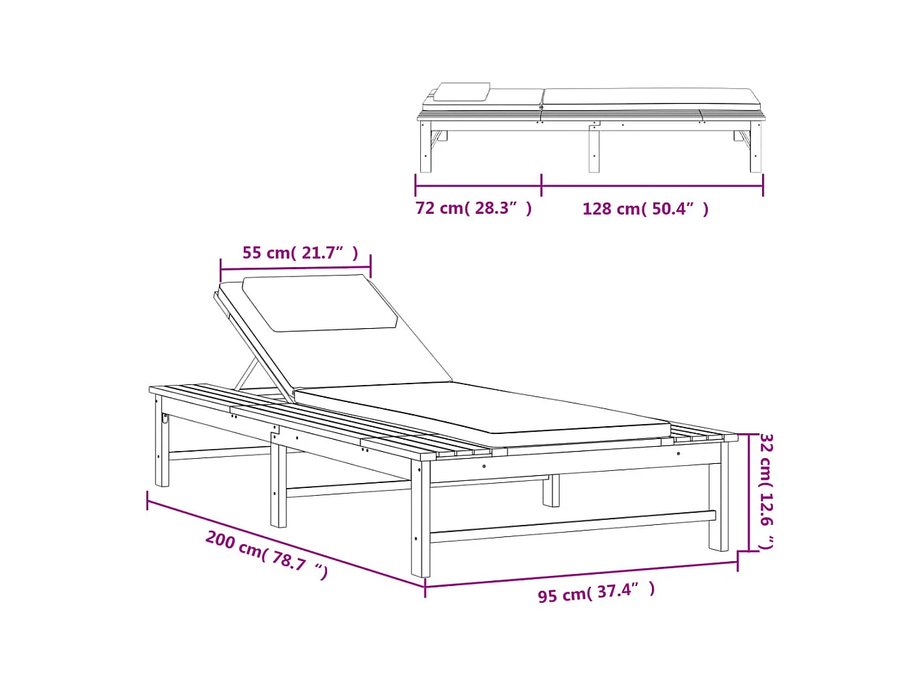 Chaise longue kussen/kussen crèmewit massief acaciahout